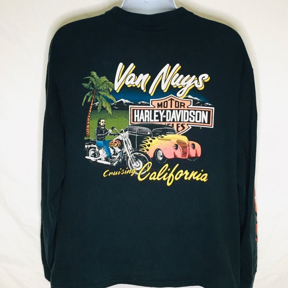 VTG 90s Harley Davidson Feel The Heat Motorcycle Long Sleeve Shirt CA Van Nuys L